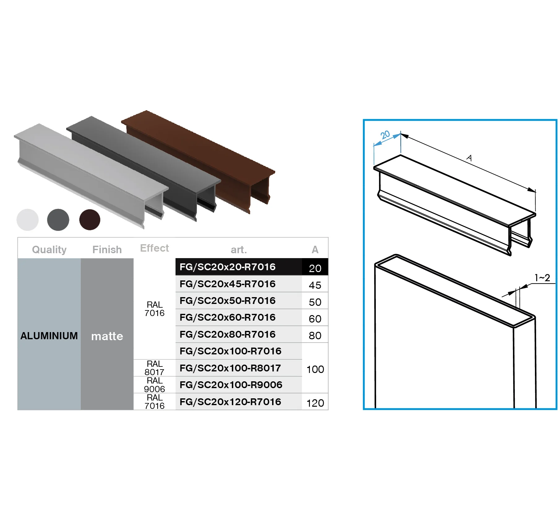 Aluminiowa nakładka na pionowe wypełnienie ogrodzenia i narożną listwę fasadową, 20x20 – Antracyt R7016 - Image 2