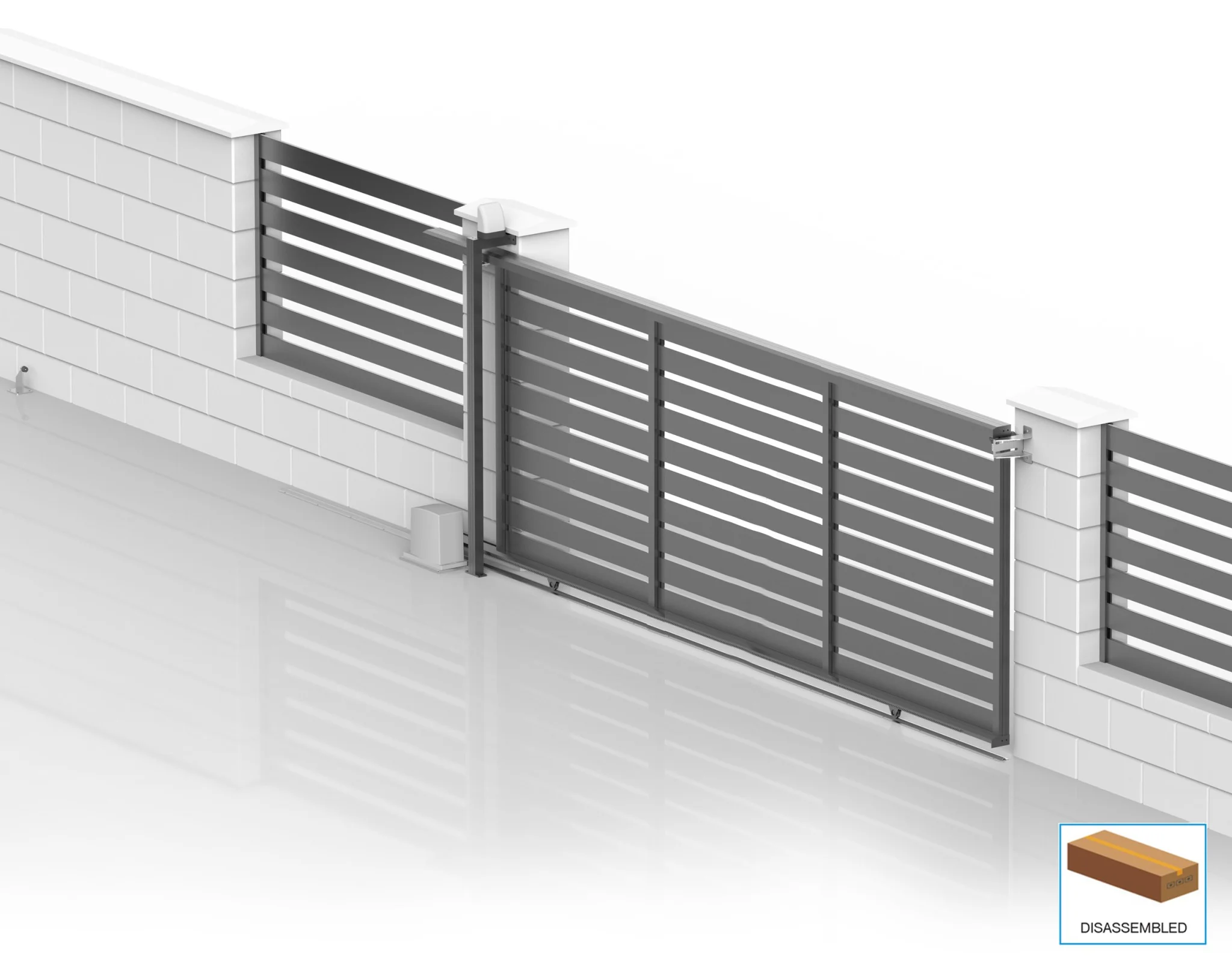 Przesuwana brama aluminiowa na kółkach 6x2,045m z wypełnieniem 20x100 R7016 - zes